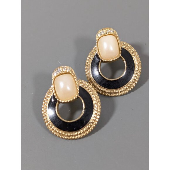 Vintage 1928 Faux Pearl Door Knocker Earrings Black Enamel Gold Tone Rhinestone - Picture 3 of 6